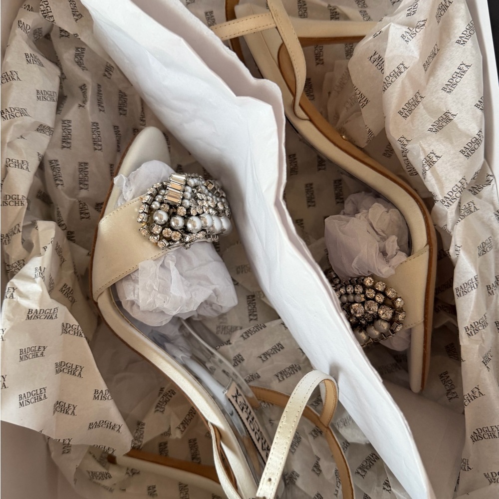 Badgley Mischka Odelia White Crystal & Pearl Embellished Open-Toe Heels - Picture 6 of 13